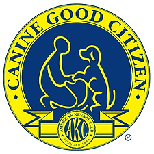 Yellow and blue "Canine Good Citizen" logo with an image of a person and a dog shaking hands, and the American Kennel Club (AKC) emblem at the bottom.